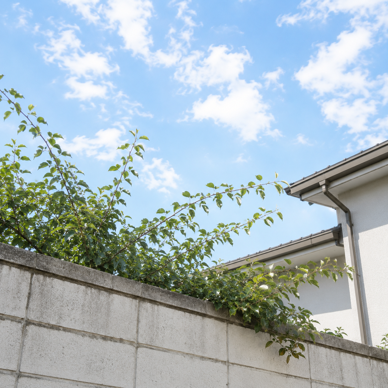 ブロック塀を越えて隣地側へ伸びた庭木の枝